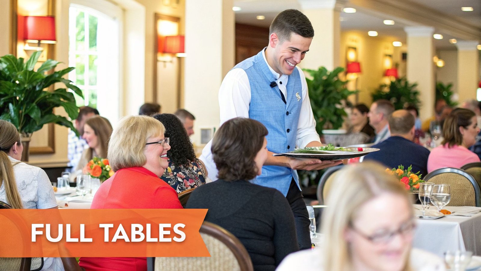 A smiling waiter serves food on a tray to guests in a bustling restaurant with full tables.