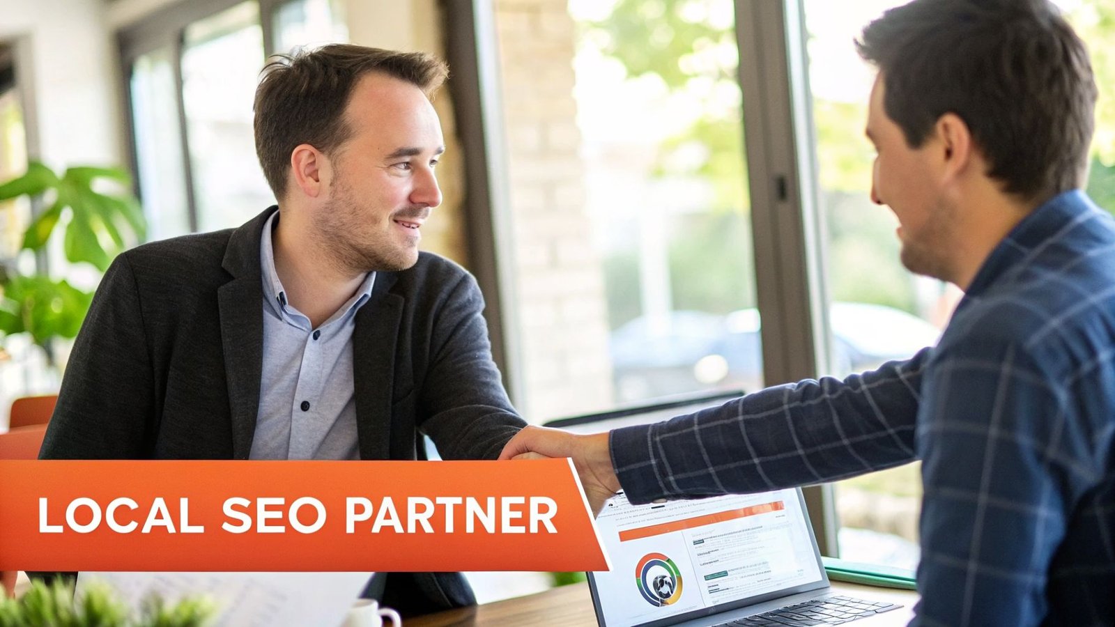 Two smiling men shaking hands in a modern office, with a laptop displaying charts and 'LOCAL SEO PARTNER' text.