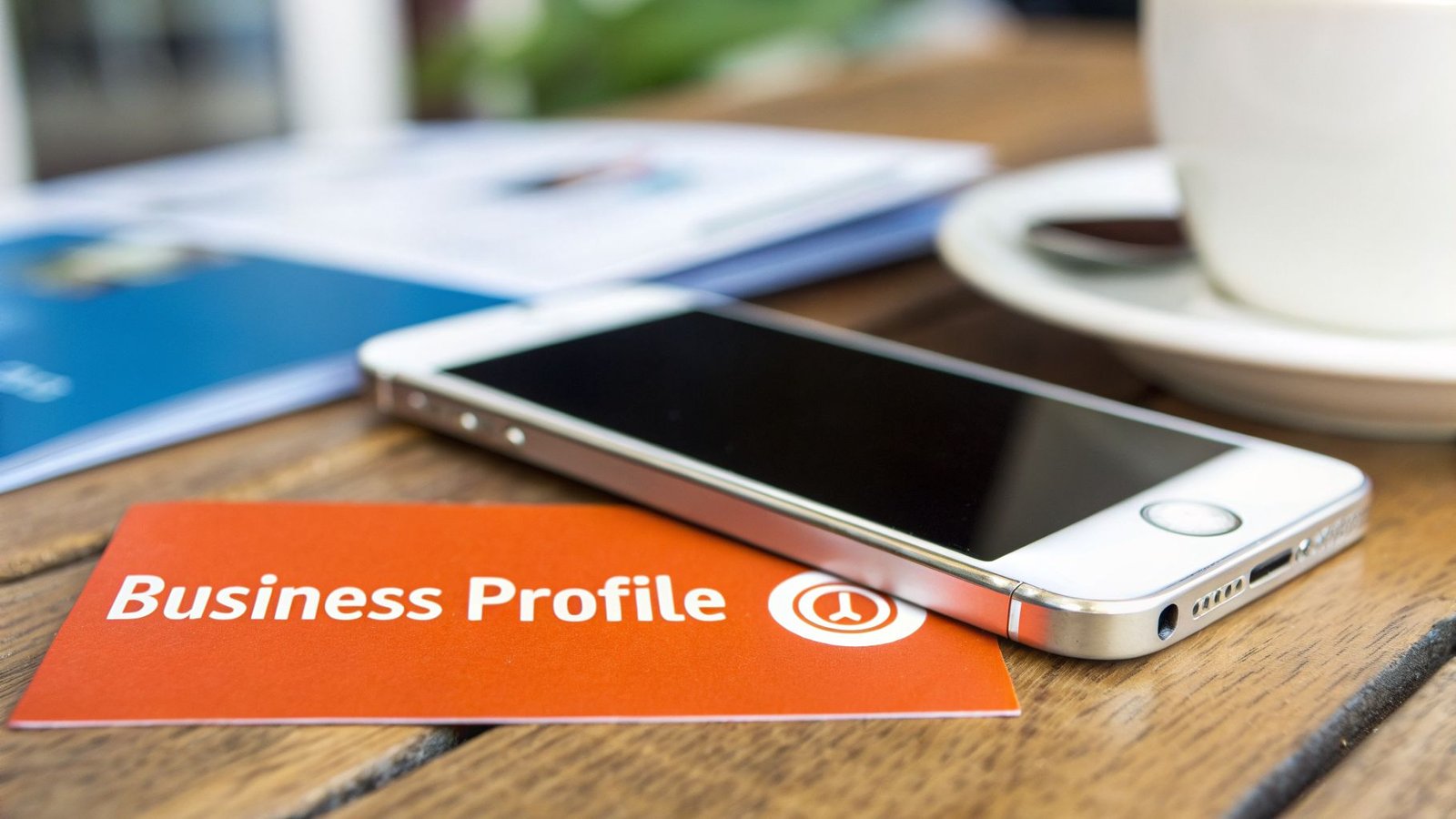 A white smartphone lies on an orange 'Business Profile' card, with a coffee cup and documents in the background.