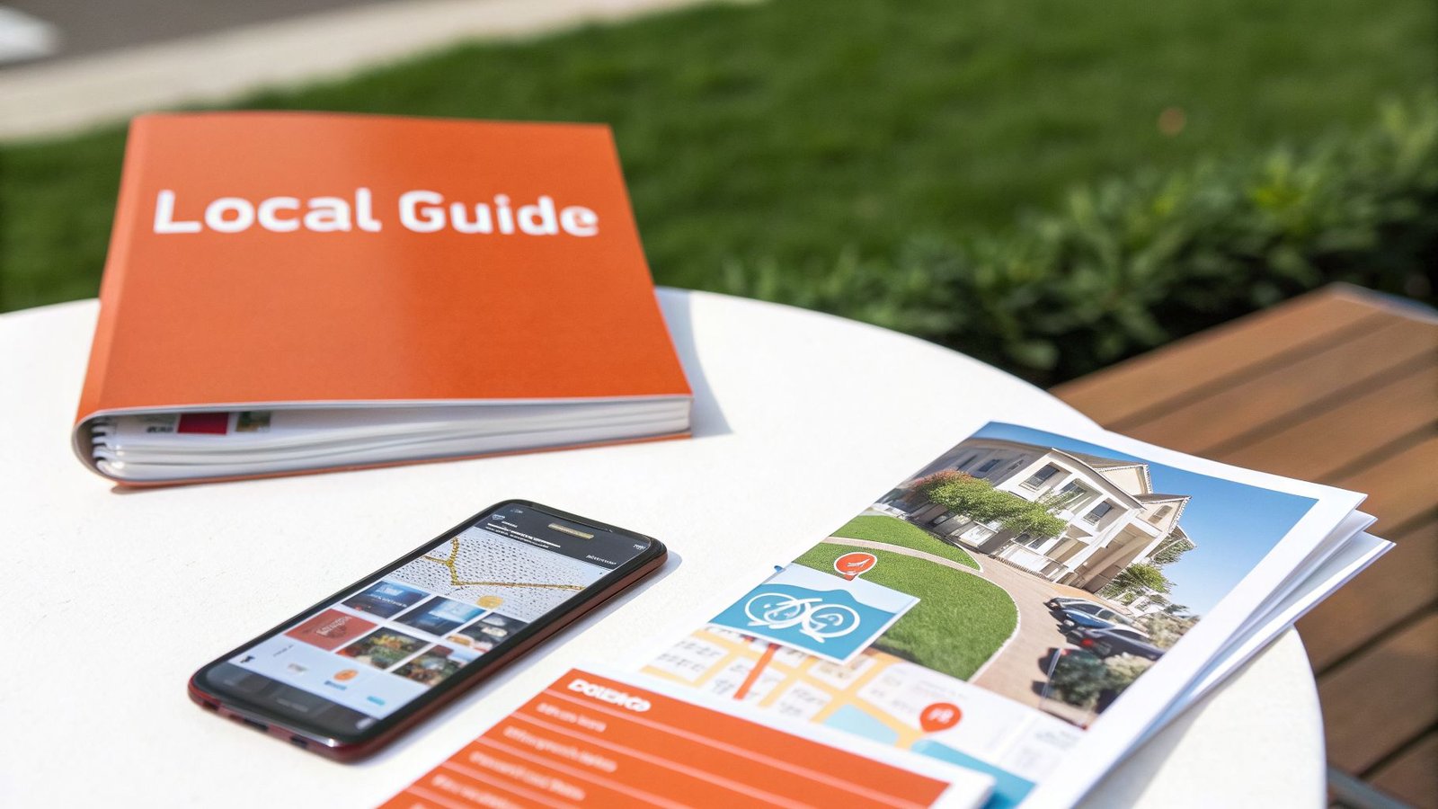 An orange 'Local Guide' book, smartphone, and brochure on a white outdoor table, offering local information.