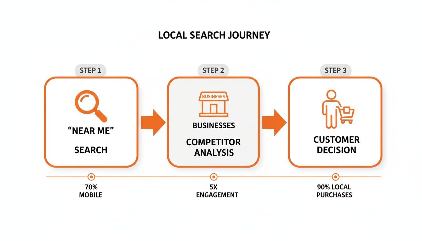 Flowchart illustrating the 3-step local search journey from 'near me' search to customer decision.