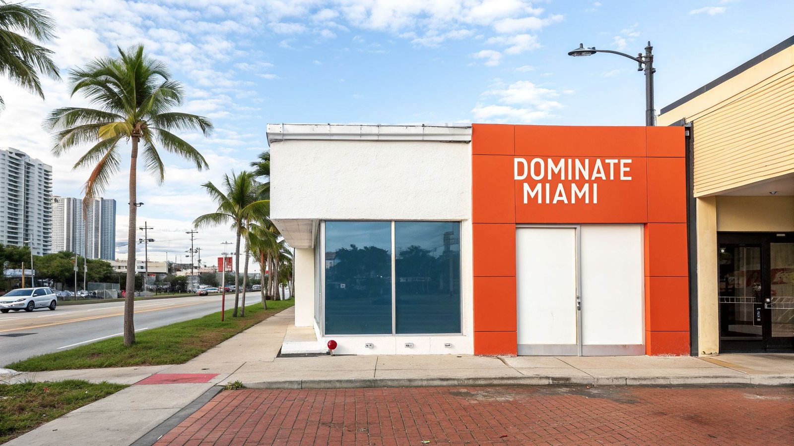 A vibrant orange storefront in Miami reads 'DOMINATE MIAMI,' flanked by palm trees on a sunny street.