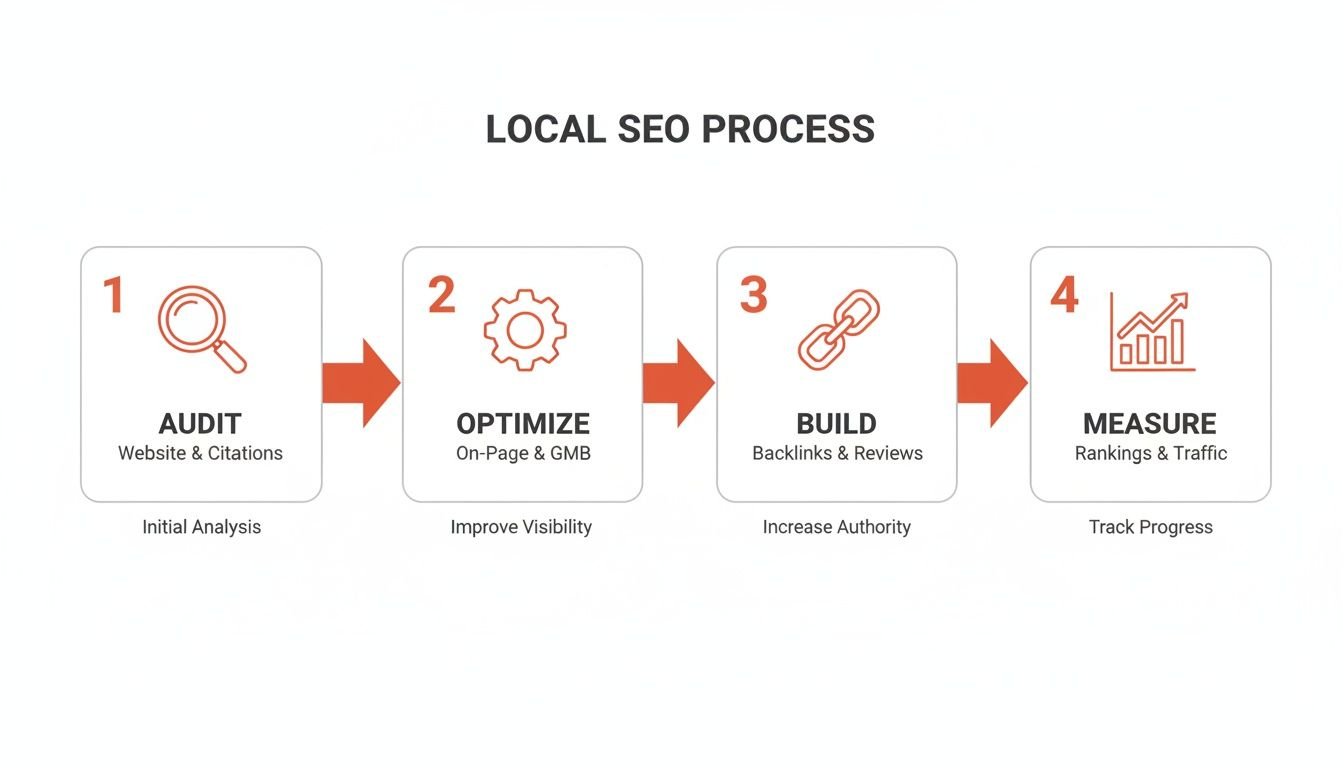 A four-step Local SEO process flowchart showing Audit, Optimize, Build, and Measure phases.
