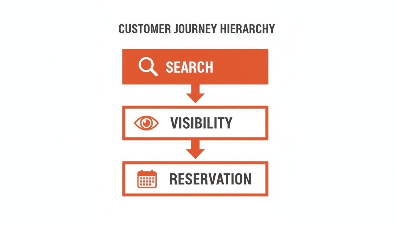 A customer journey hierarchy diagram illustrating search, visibility, and reservation steps with icons.