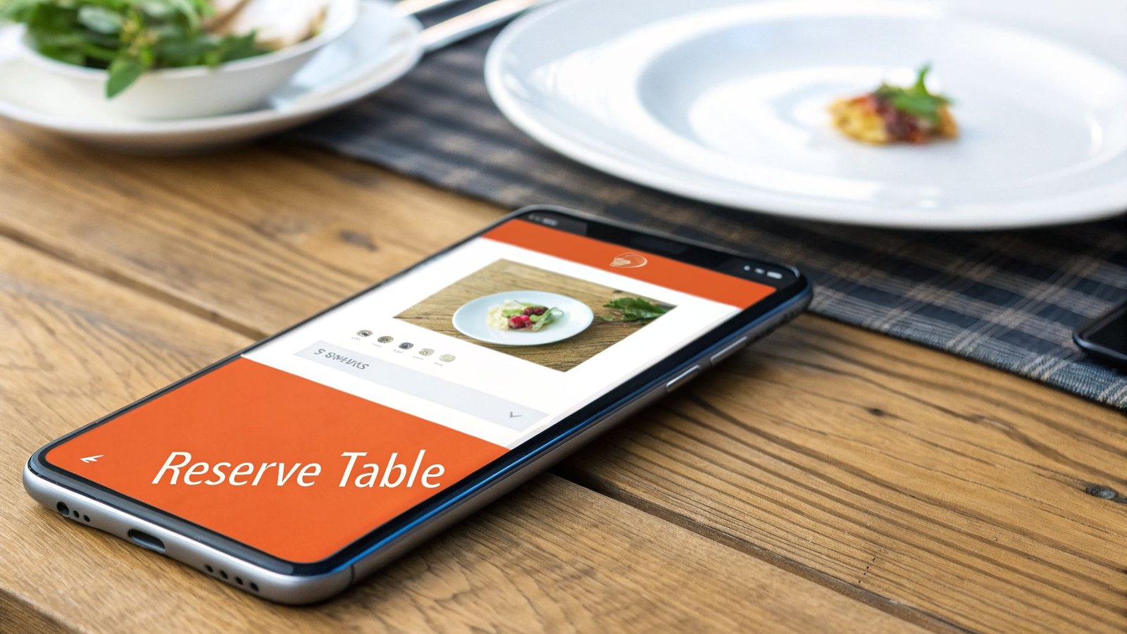 A smartphone displaying a food ordering app with a dish and 'Reserve Table' text, on a wooden table with plates.