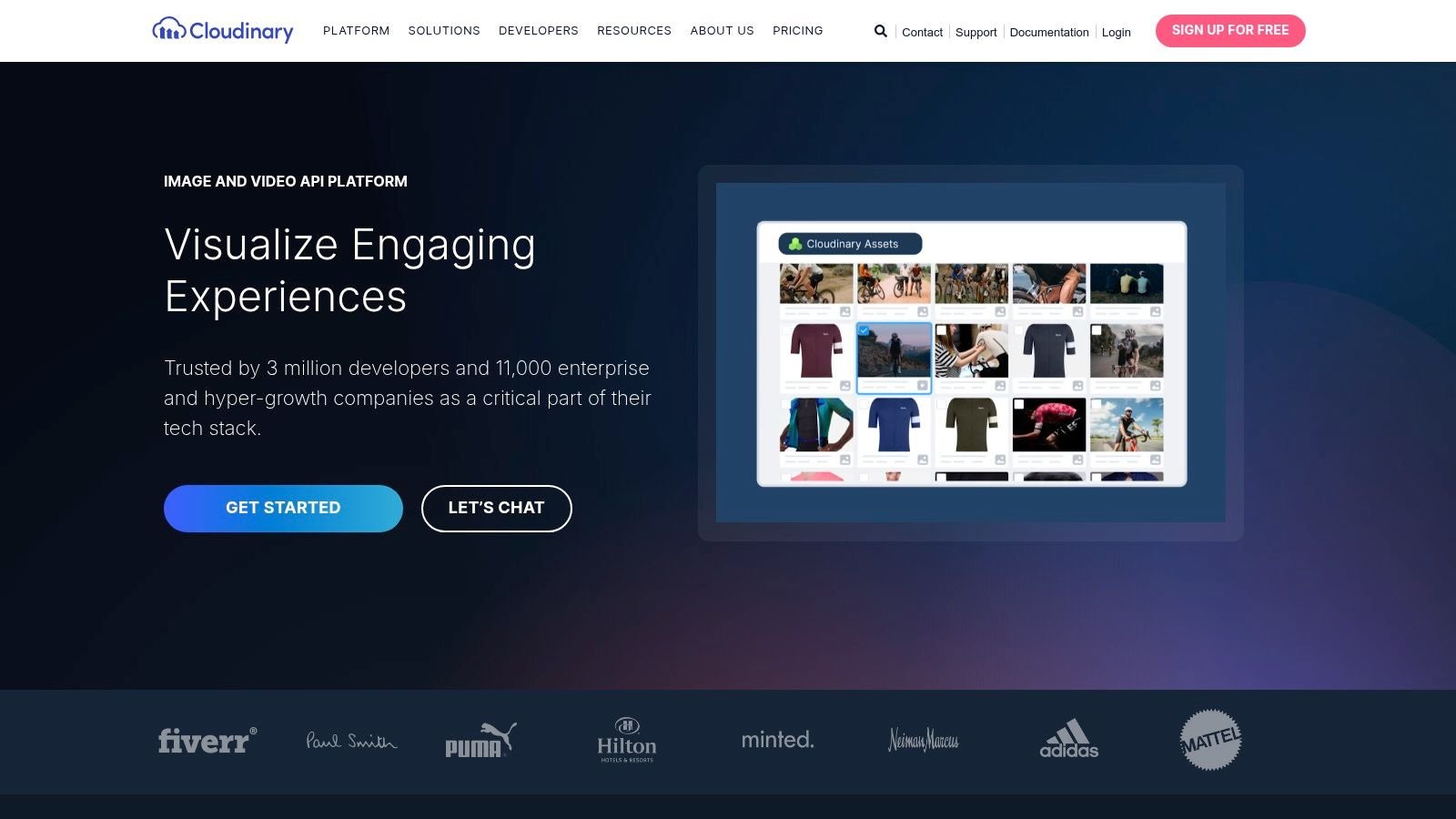 Cloudinary homepage showing its media management and optimization features