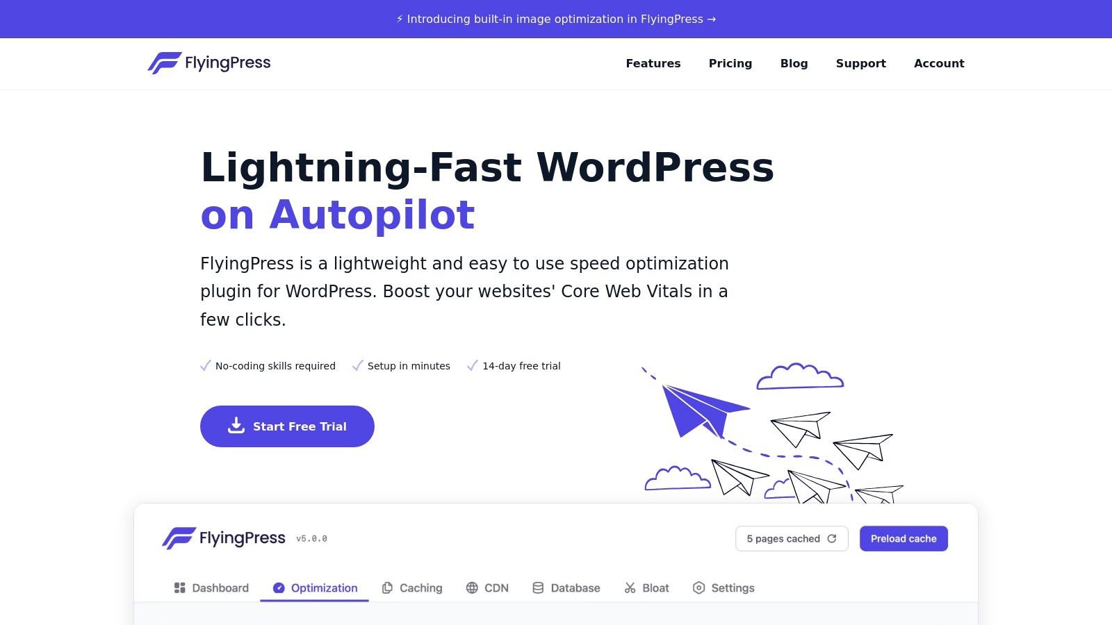 FlyingPress product landing page showing features and benefits