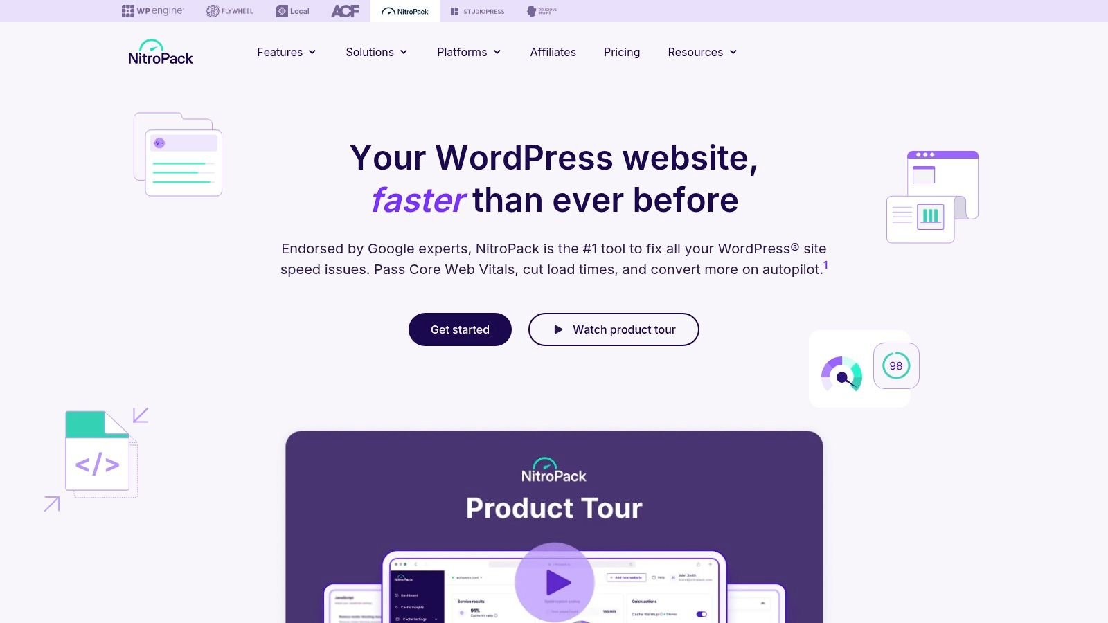 NitroPack dashboard showing website optimization scores and settings