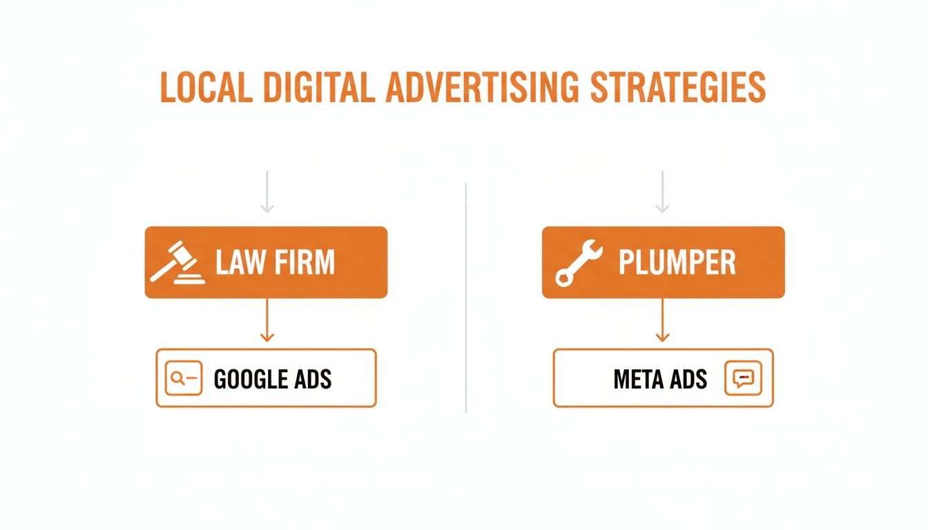 Flowchart showing local digital advertising strategies for a law firm using Google Ads and a plumper using Meta Ads.
