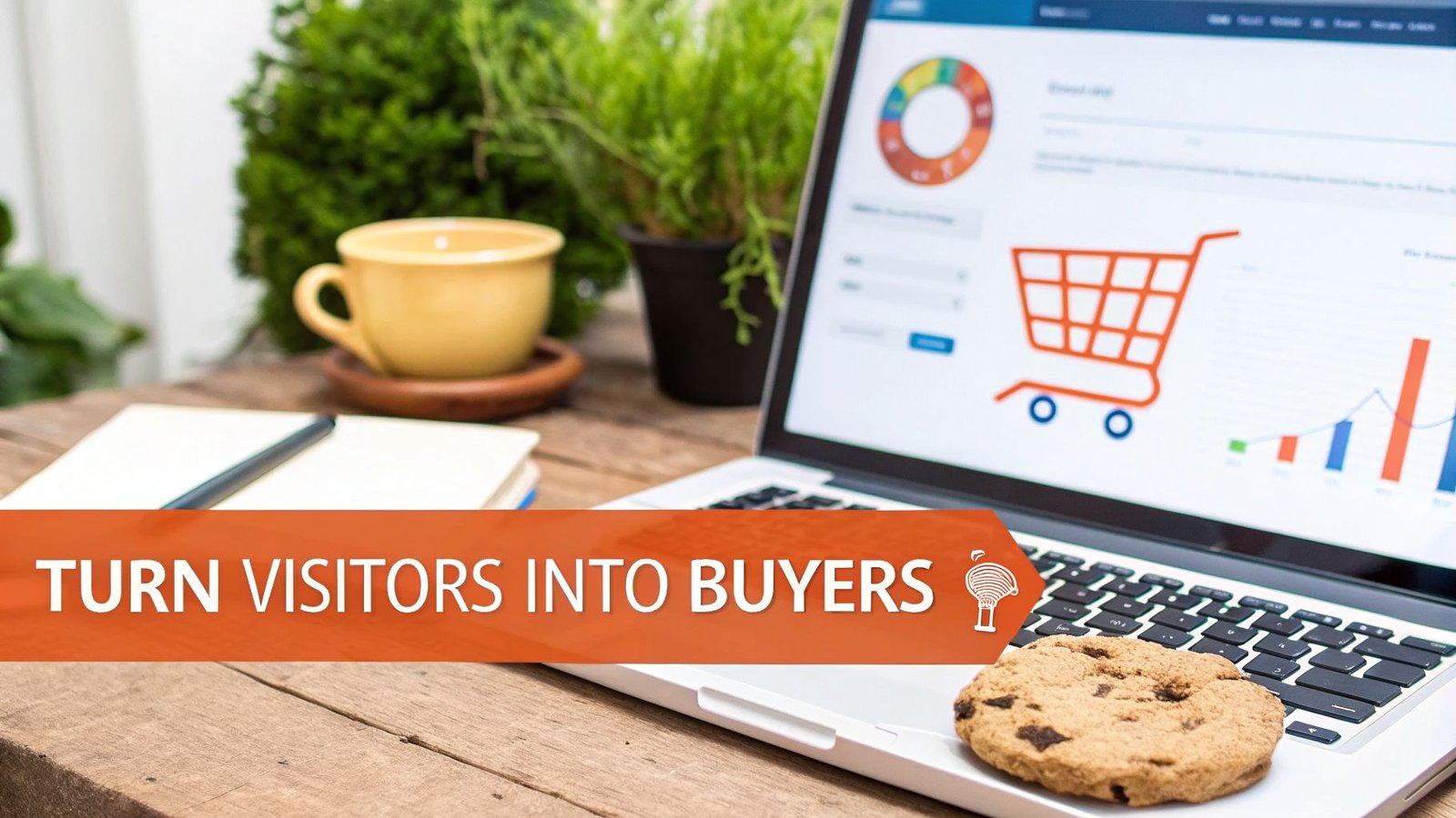 Laptop displaying e-commerce analytics with a shopping cart and charts to turn visitors into buyers.