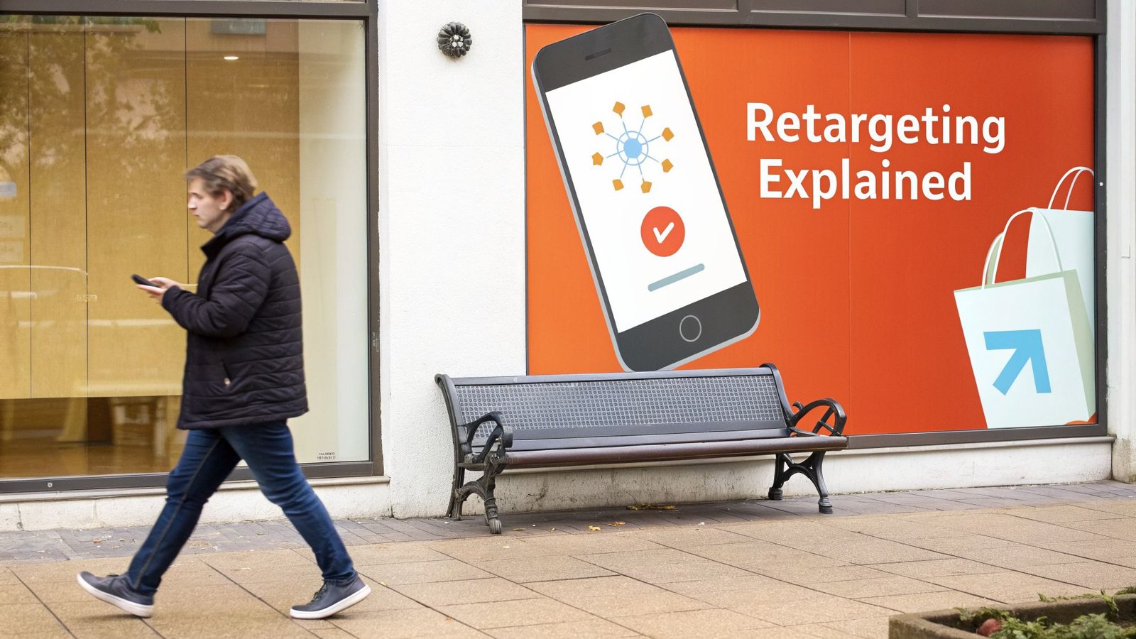Man walking past a store window with a 'Retargeting Explained' ad featuring a smartphone and shopping bags.
