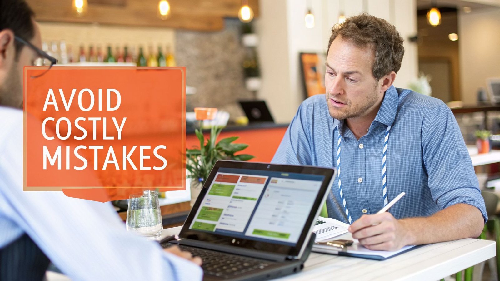 Two men discussing business, looking at a laptop screen with data, with text 'AVOID COSTLY MISTAKES'.