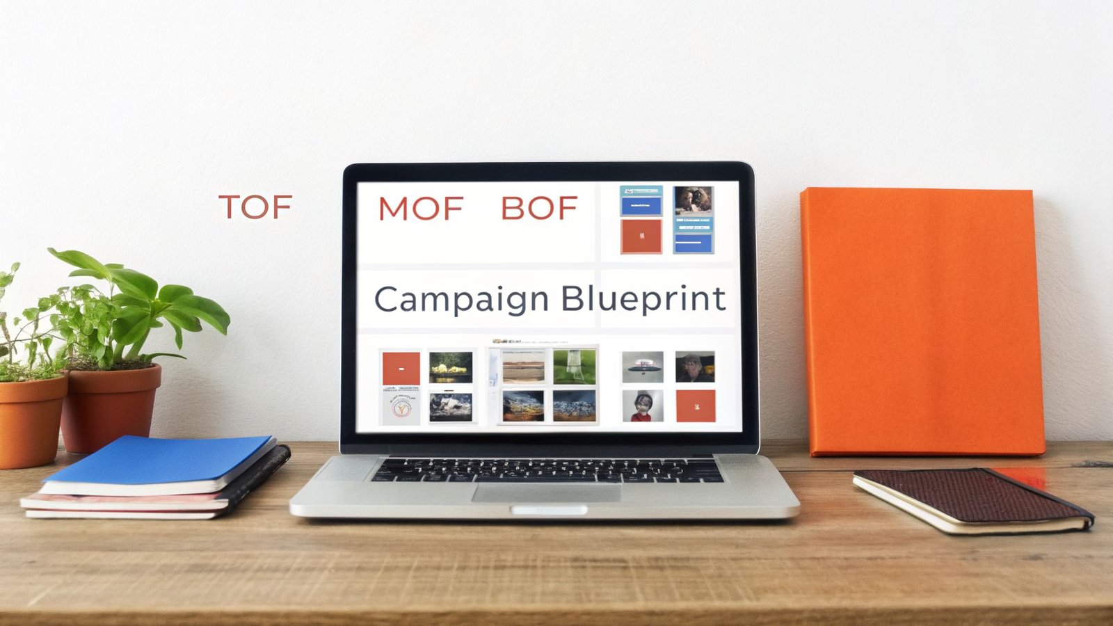 A laptop on a wooden desk displays a 'Campaign Blueprint' with marketing funnel stages, surrounded by plants and notebooks.