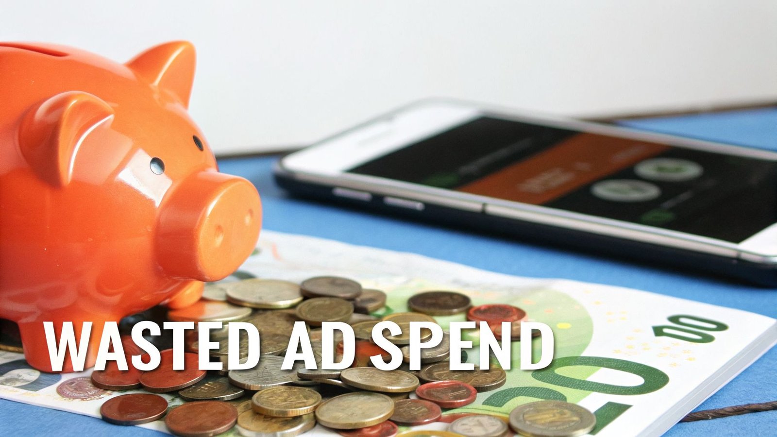 An orange piggy bank, coins, and euro banknotes with a smartphone, illustrating wasted ad spend.