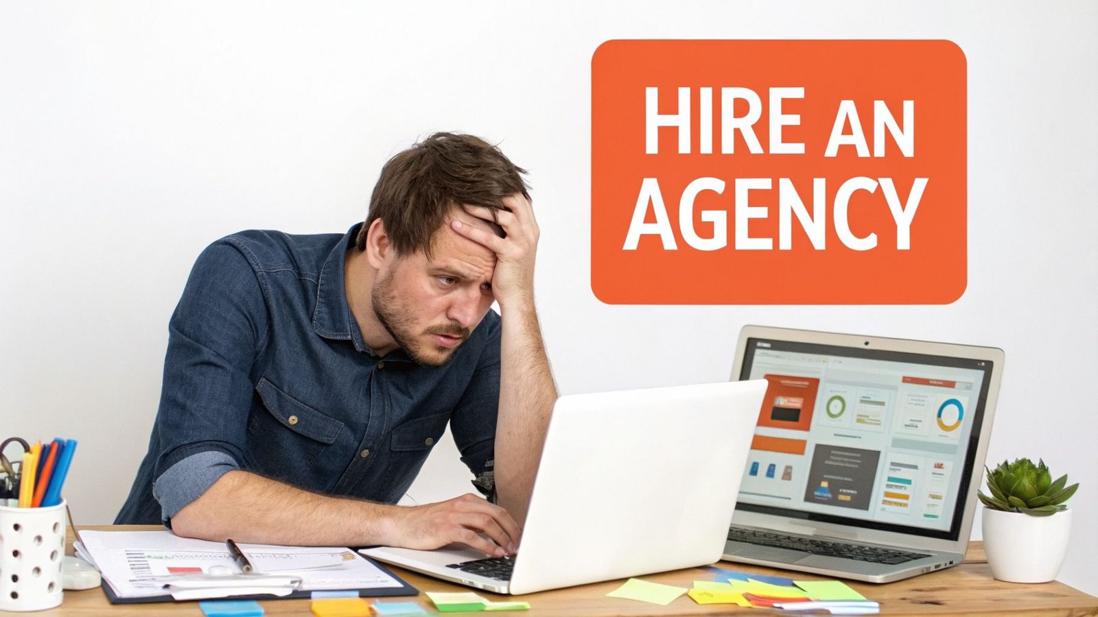 A stressed man at a desk working on a laptop, with a sign saying 'Hire An Agency'.