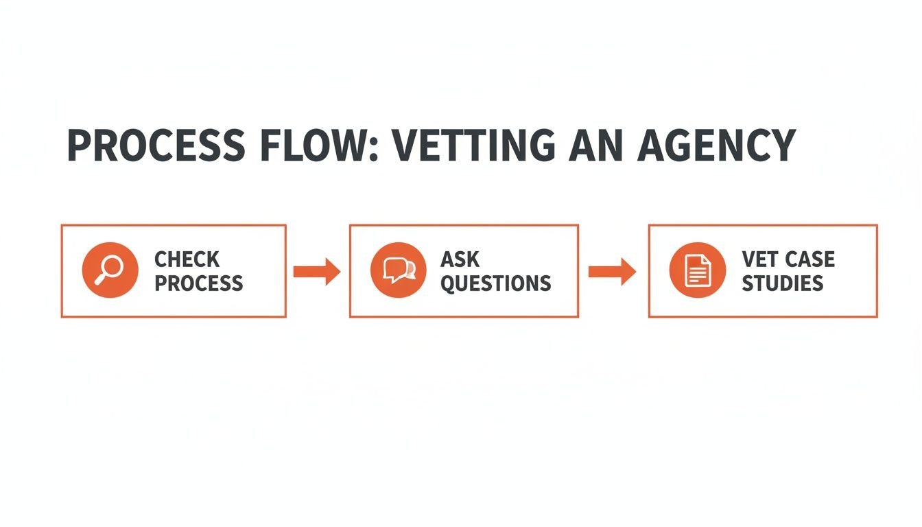 A process flow diagram illustrating three steps for vetting an agency: check process, ask questions, and vet case studies.