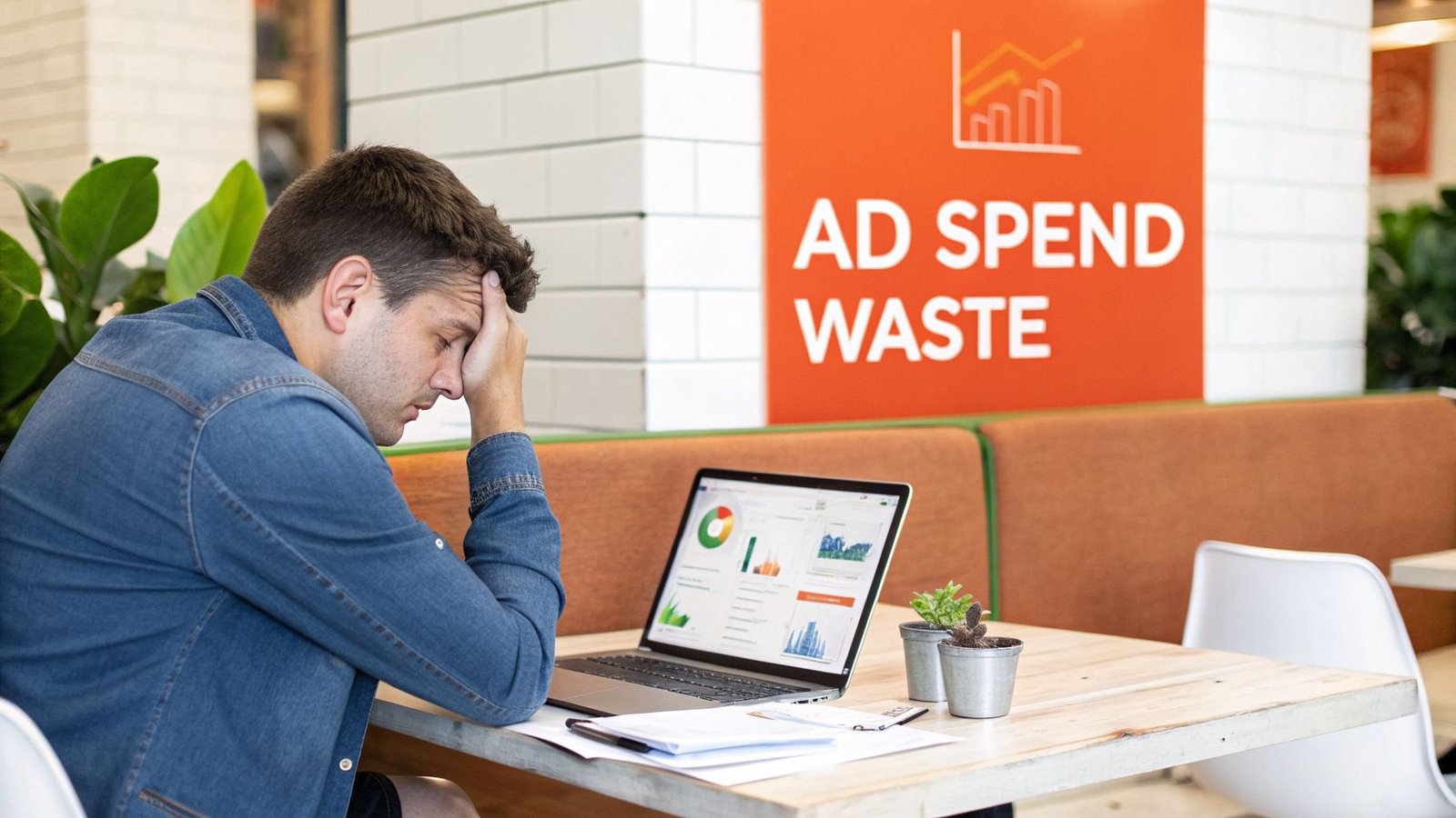 A stressed man looking at ad spend waste data on his laptop at a modern cafe.