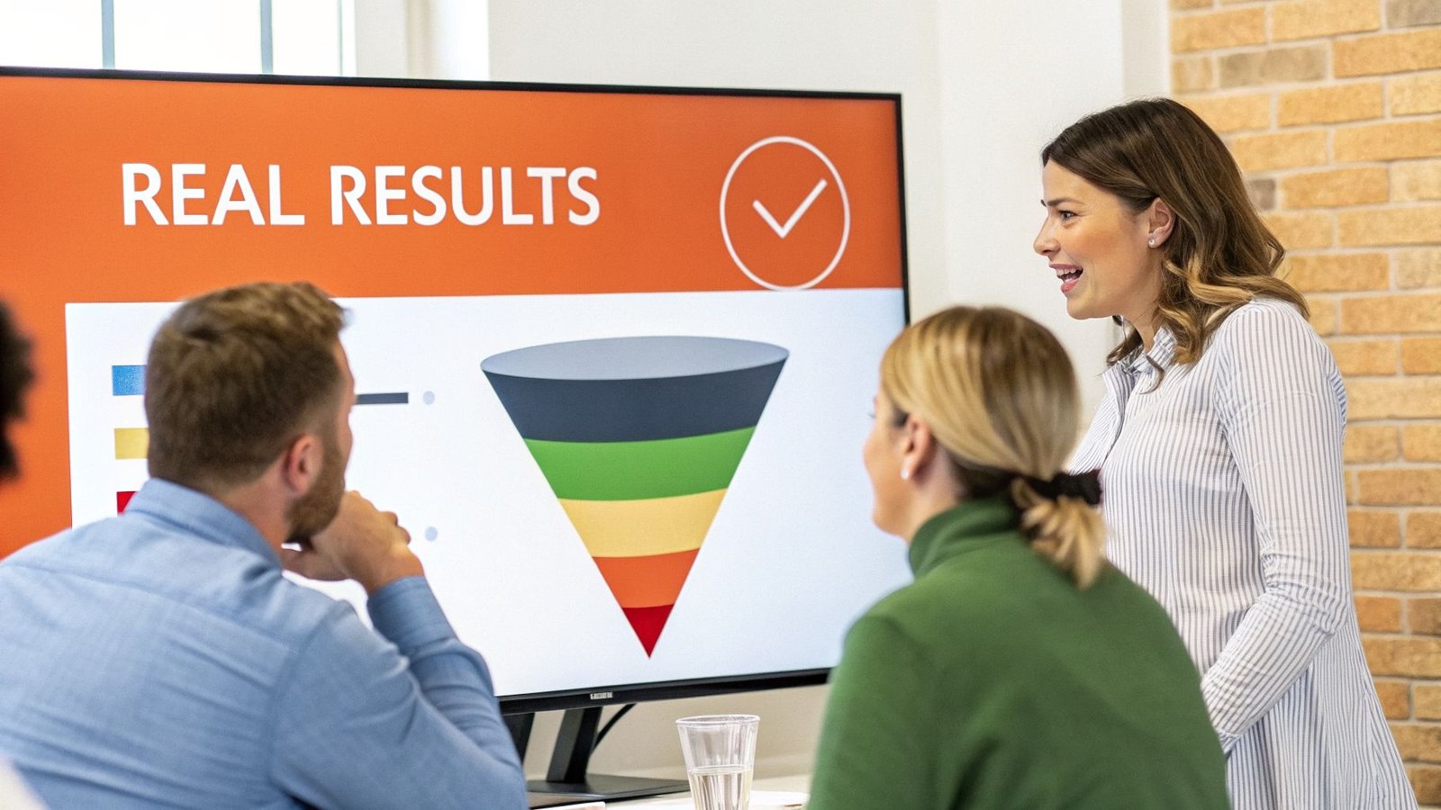 A team meeting where a woman presents 'REAL RESULTS' and a sales funnel graphic on a large screen.