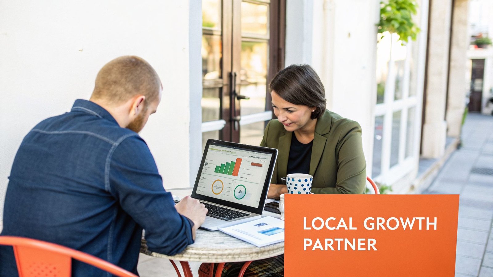 Two professionals reviewing data on a laptop with charts at an outdoor cafe during a business meeting.