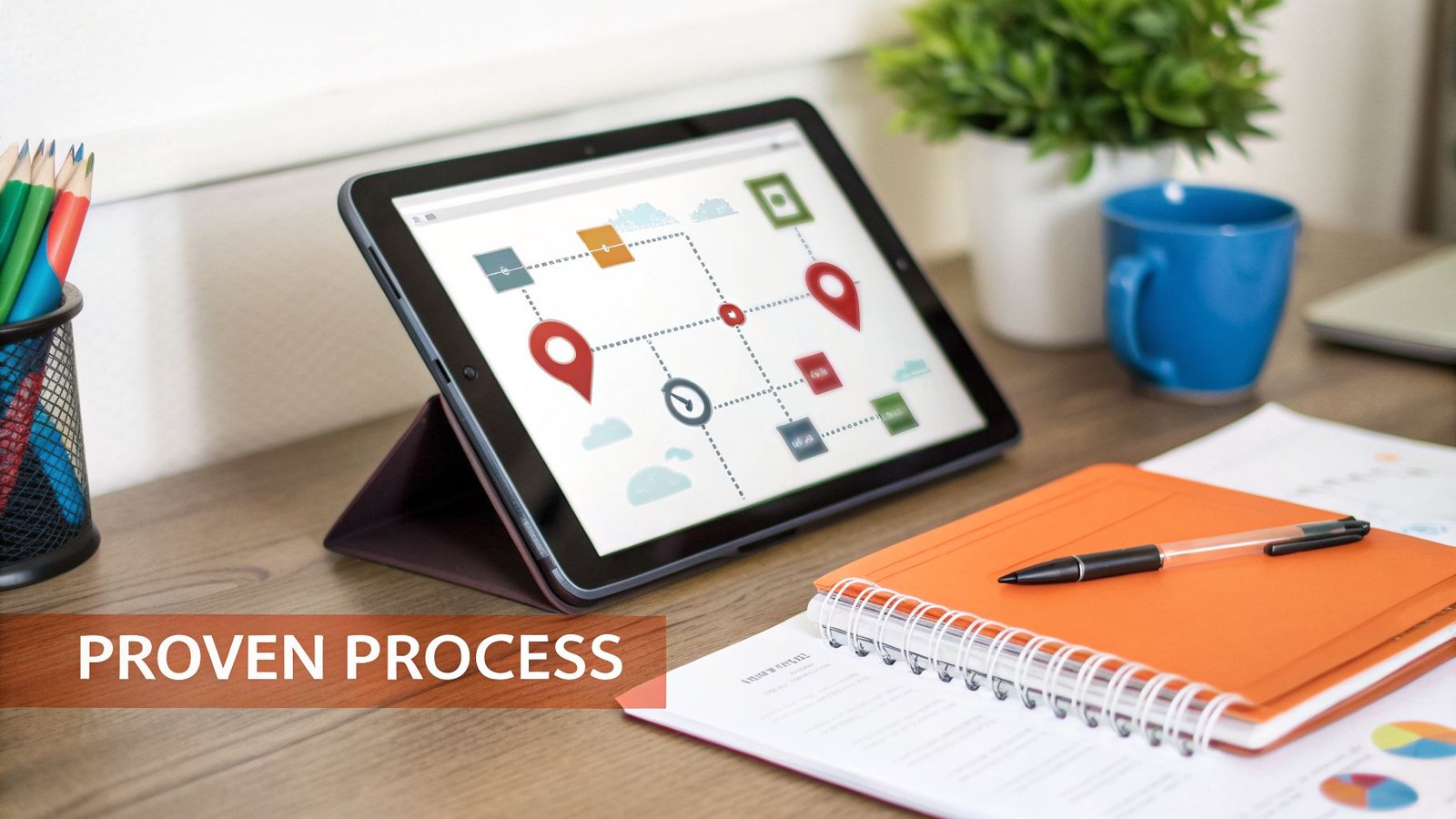 A desk setup with a tablet showing a proven process diagram, notebook, pen, and office supplies.