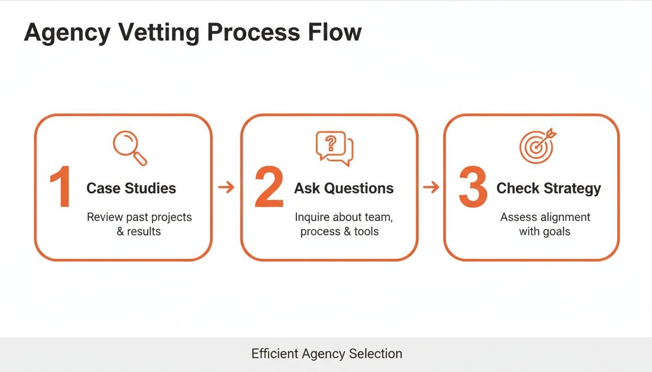 Flowchart detailing a three-step agency vetting process: Case Studies, Ask Questions, and Check Strategy for efficient selection.