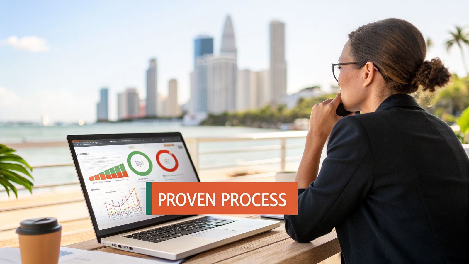 A professional woman uses a laptop displaying data charts outdoors with a city skyline and "PROVEN PROCESS" text.