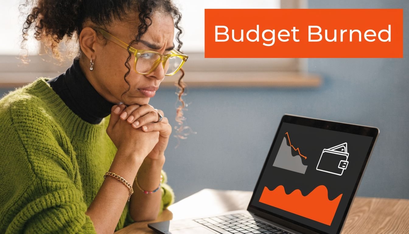 A concerned woman looks at a laptop screen displaying downward financial charts and a wallet icon.