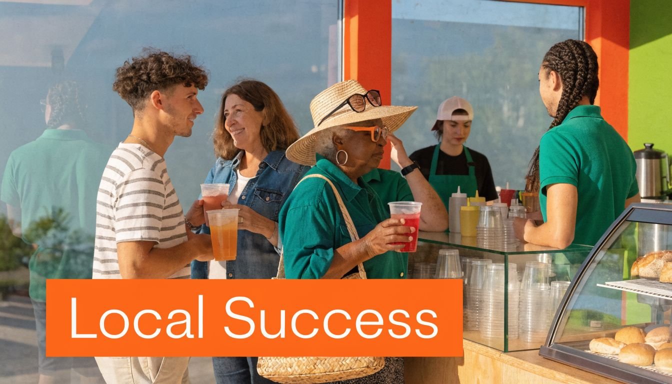 A diverse group of customers chatting and ordering drinks at a sunny outdoor cafe counter.