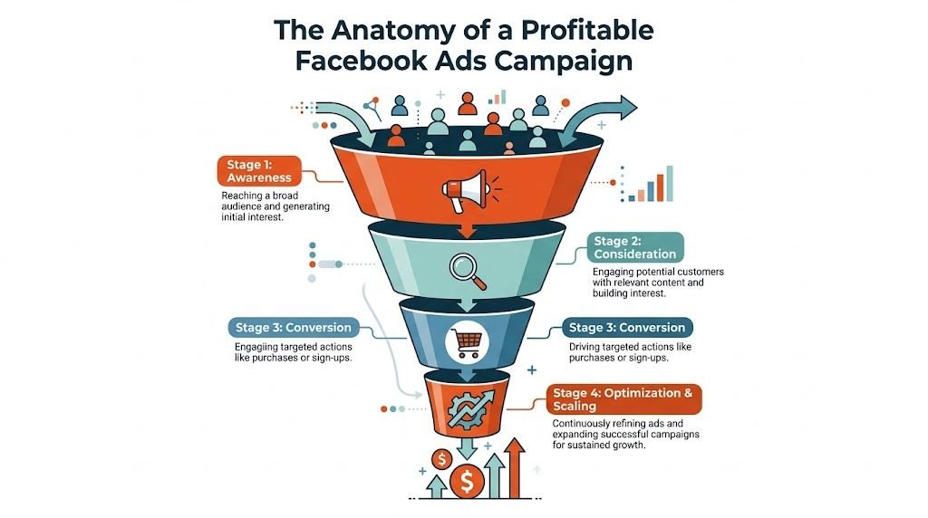 A funnel diagram illustrating the four stages of a profitable Facebook ads marketing campaign strategy.