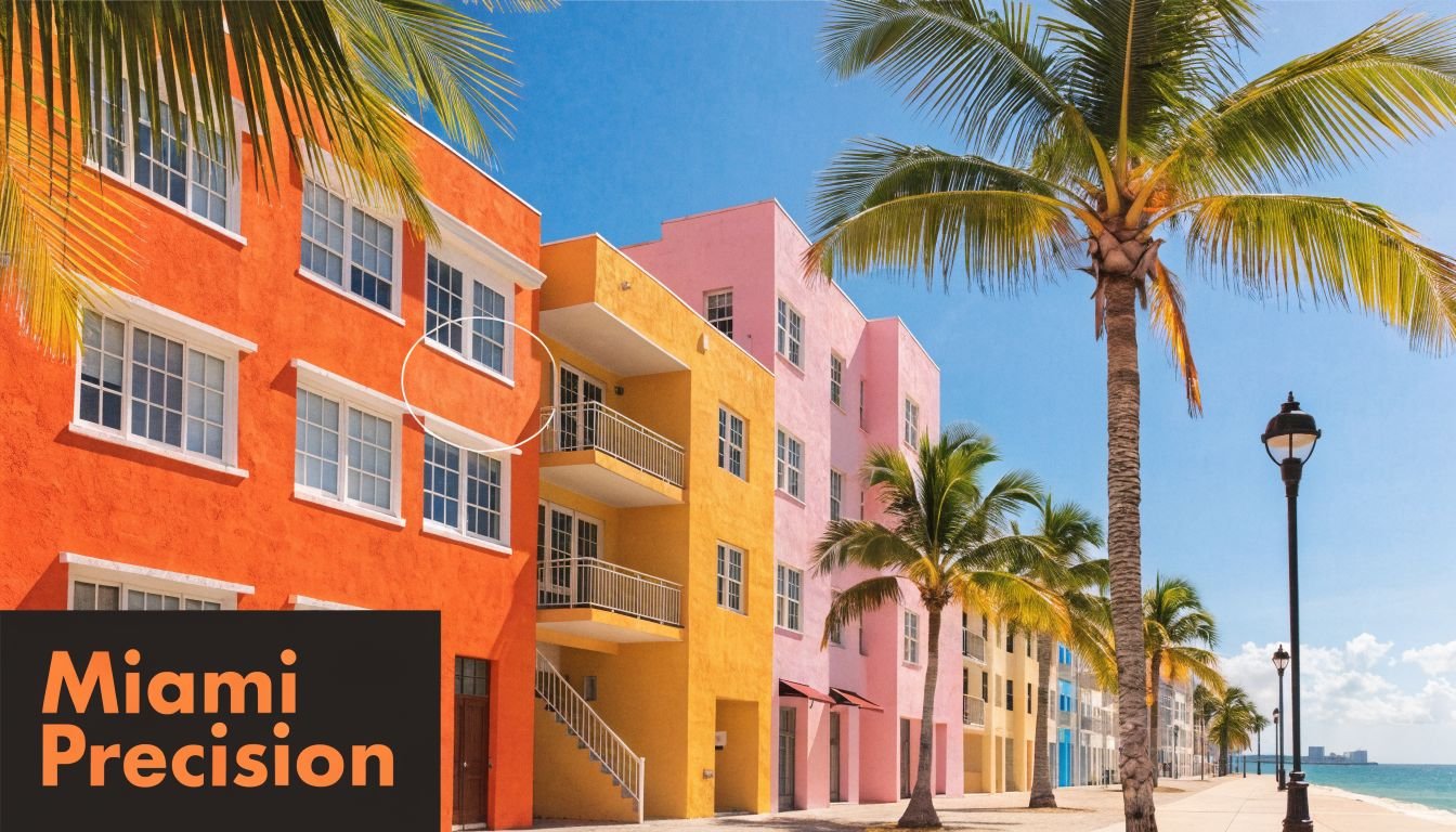 A scenic view of colorful Art Deco apartment buildings along a Miami beach walkway with palm trees.
