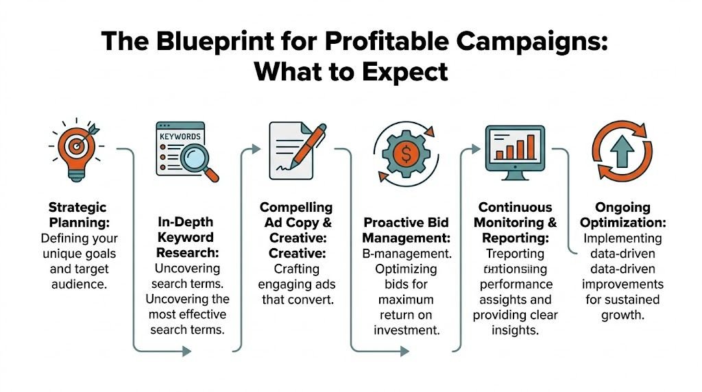 A six-step infographic titled The Blueprint for Profitable Campaigns detailing the digital advertising campaign management process.