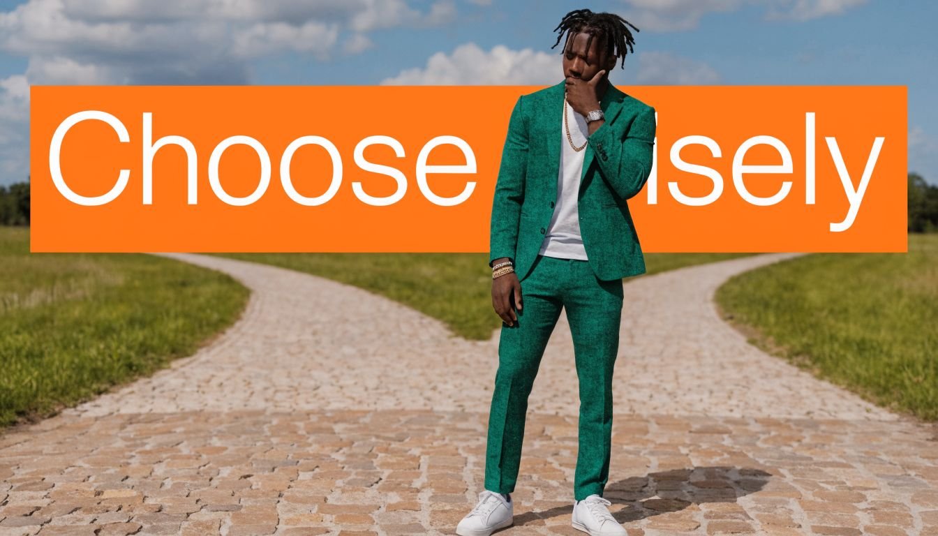 A well-dressed man in a green suit standing at a path fork reflecting on decisions.