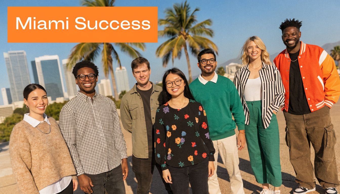 A diverse group of young professionals standing together outdoors under a bright sky with palm trees.