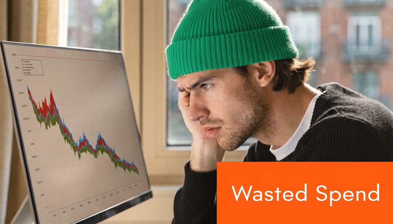 A man in a green beanie looking stressed while monitoring a downward trending financial data graph.