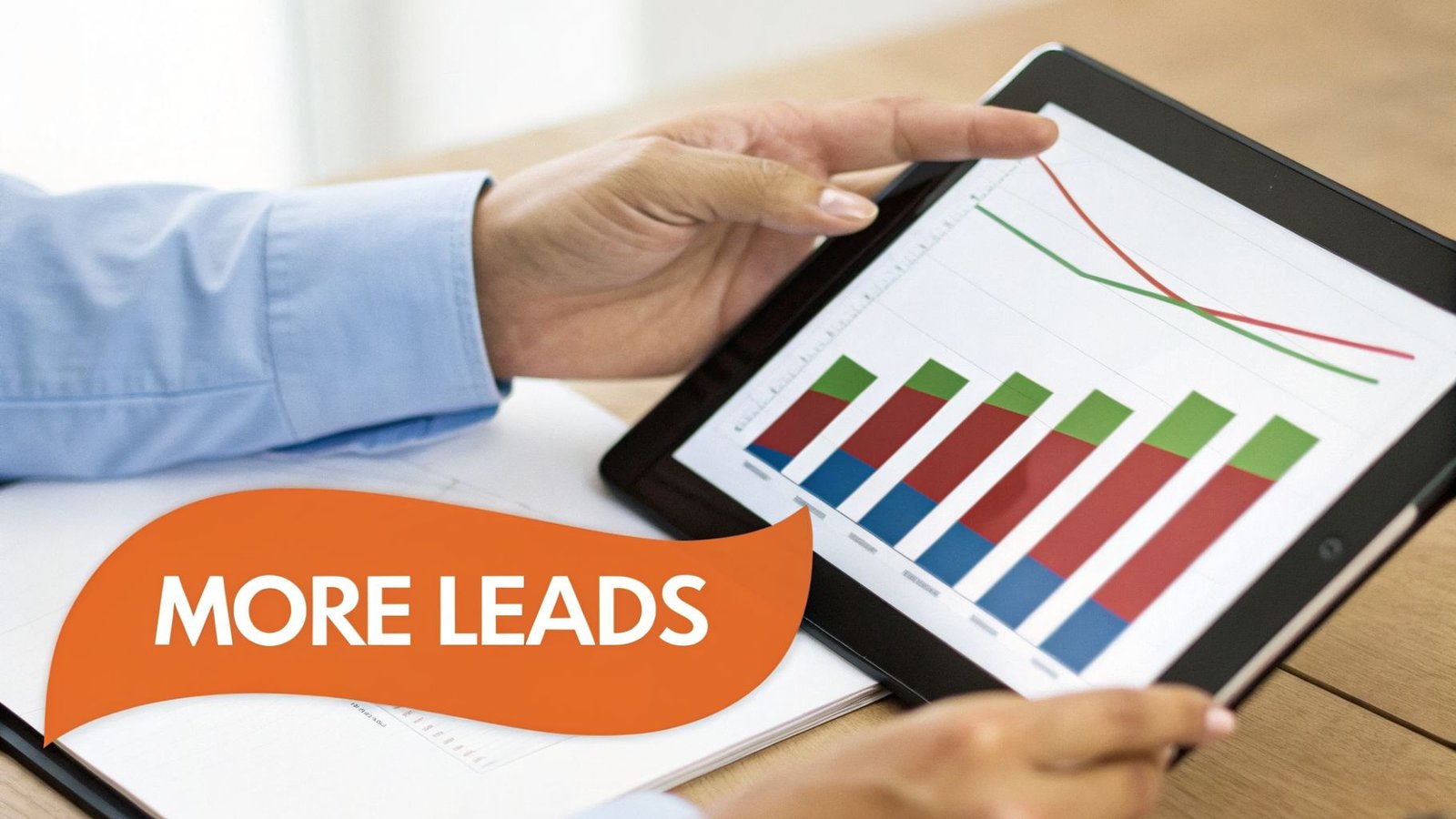 A person's hands hold a tablet displaying business charts and a 'MORE LEADS' graphic.