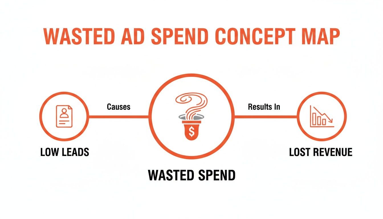 Concept map illustrates wasted ad spend, showing low leads as the cause leading to lost revenue.