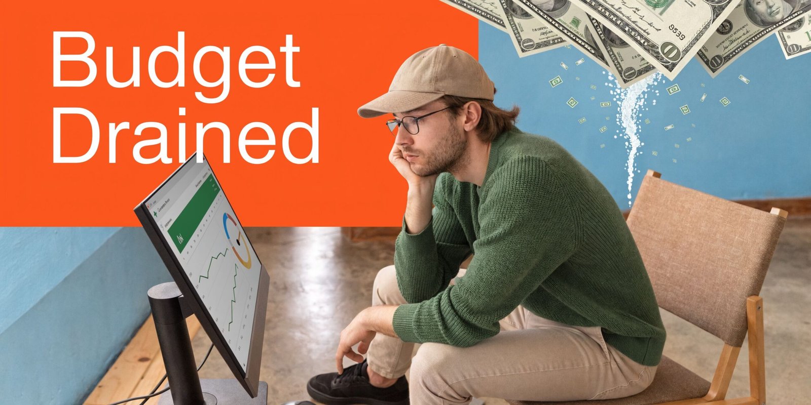 A man looking stressed at a computer monitor showing a downward graph with money draining away.