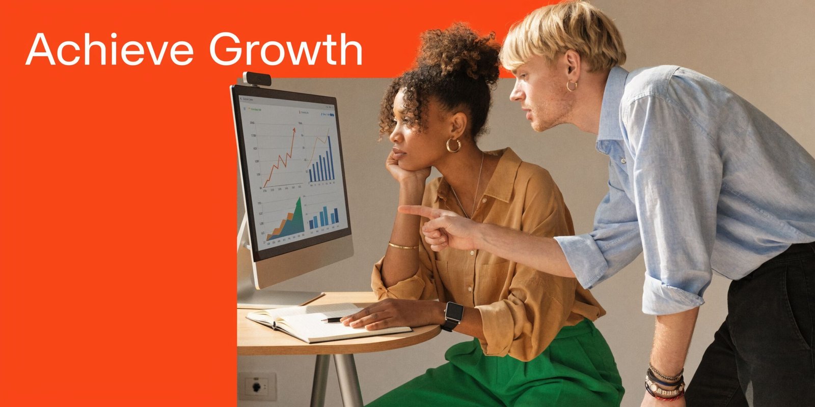 Two professional colleagues analyzing data and growth charts on a computer screen in a bright office.