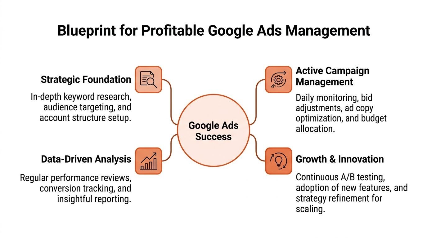 A diagram outlining the four key pillars for achieving successful and profitable Google Ads management campaigns.