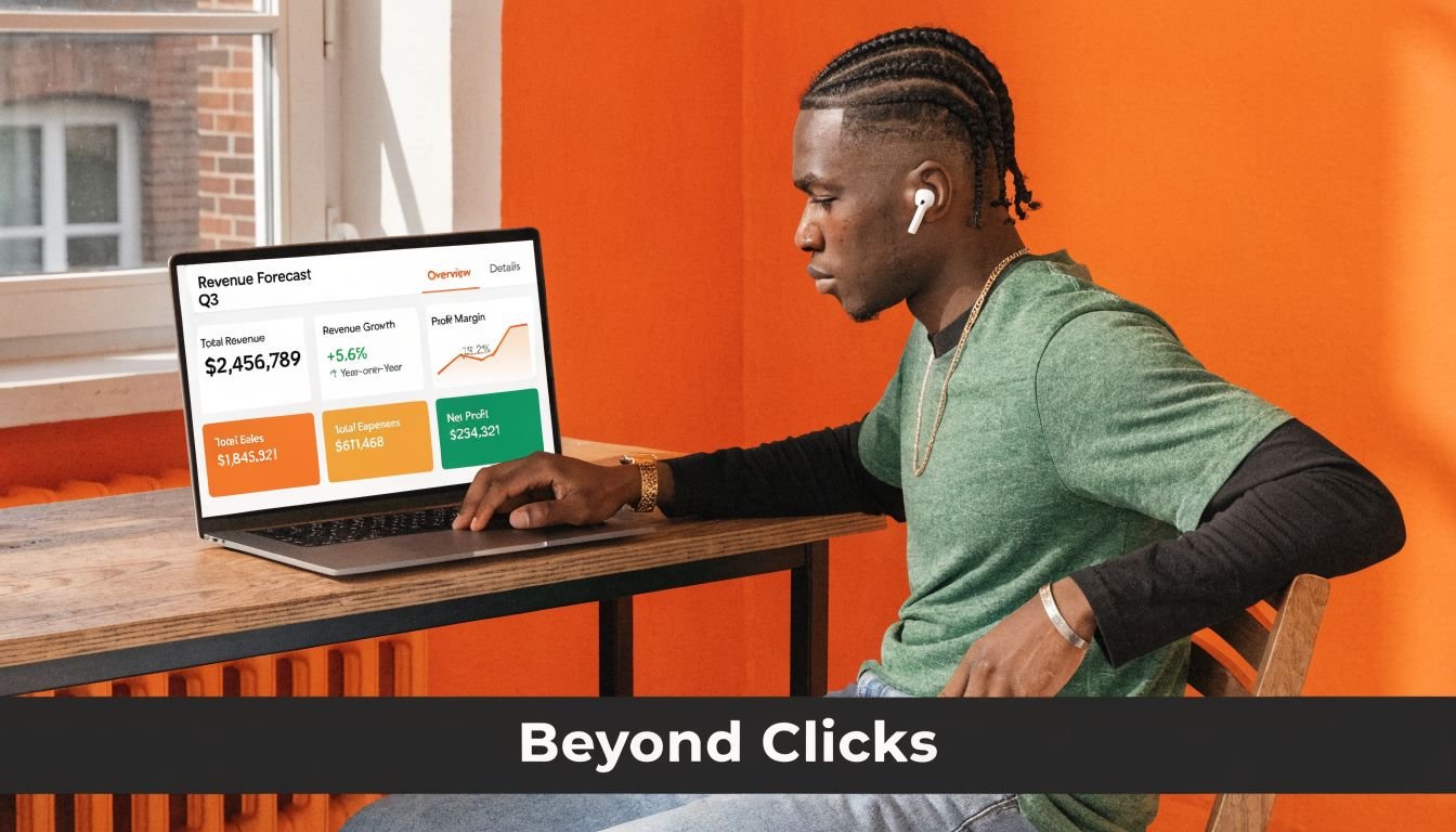 A young professional analyzing business financial metrics on a laptop screen while working at a wooden desk.