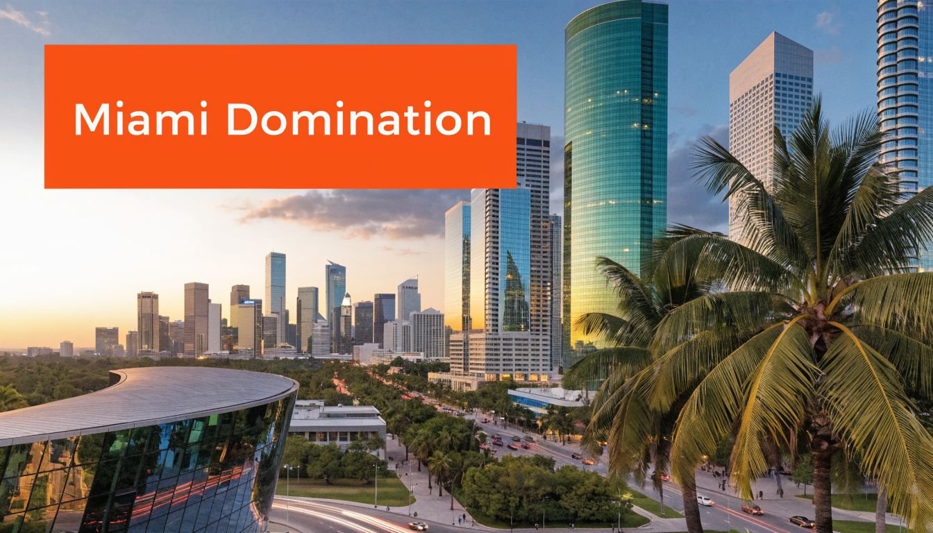 A scenic view of a modern city skyline with skyscrapers and palm trees at sunset.