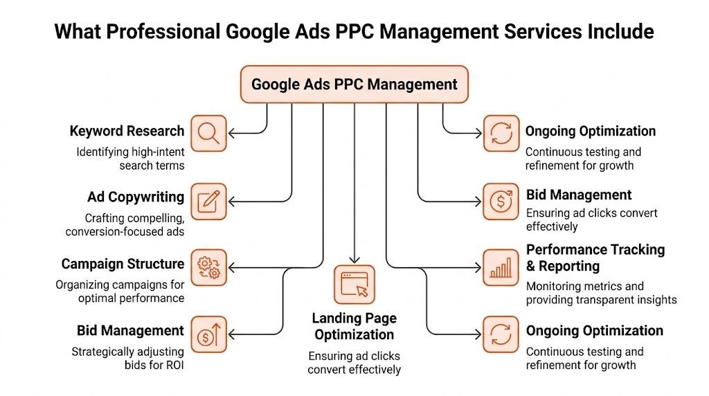 A diagram illustrating the core components included in professional Google Ads PPC management services for businesses.