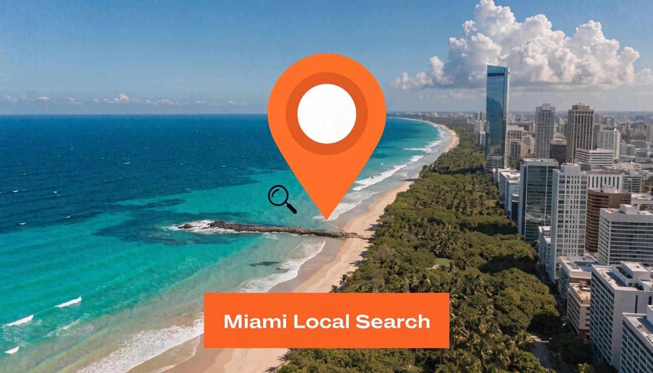 A scenic aerial view of a Miami beach with an orange map location pin and text overlay.