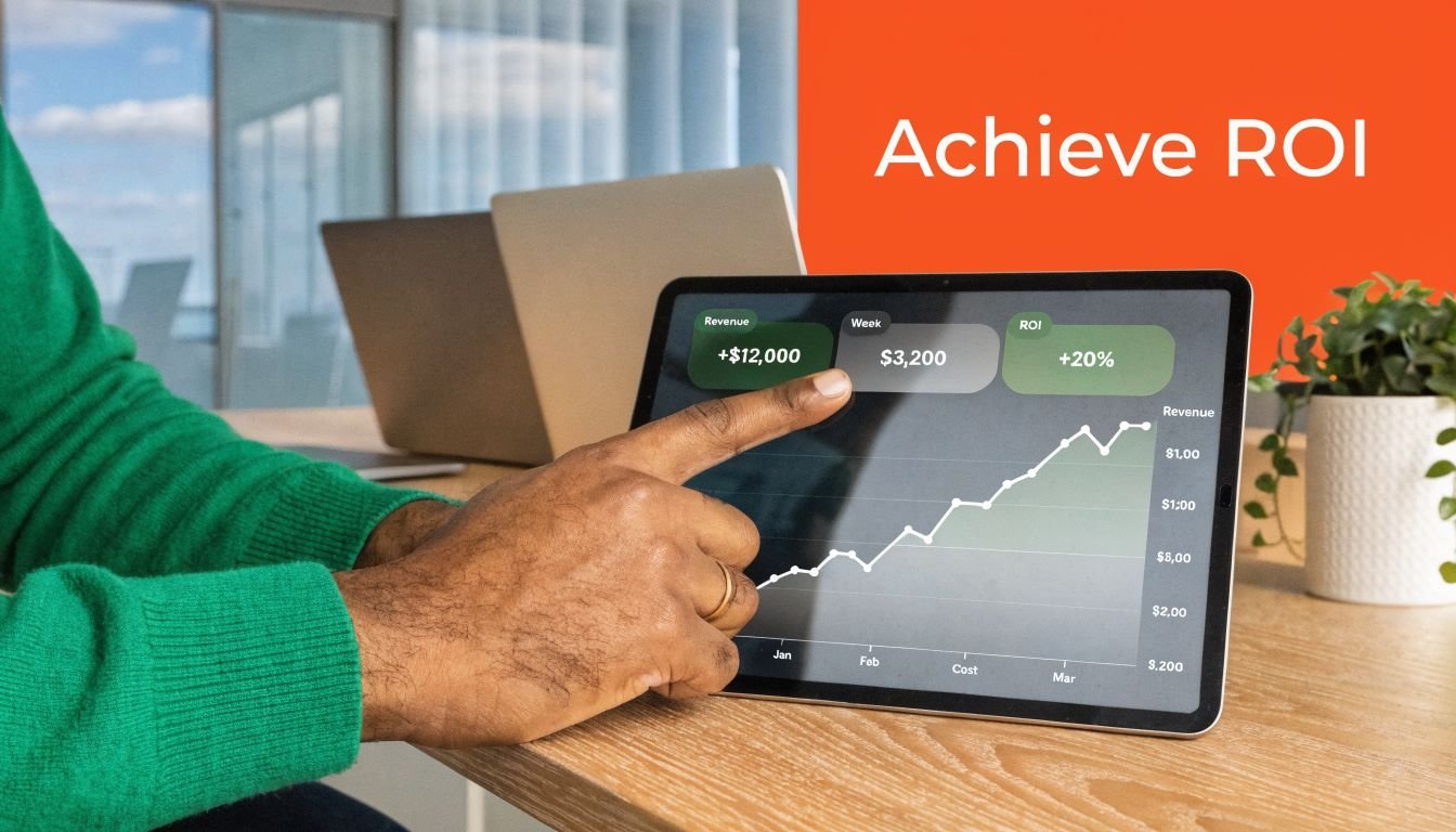 A person pointing at a digital tablet displaying growing business revenue and ROI charts in an office.
