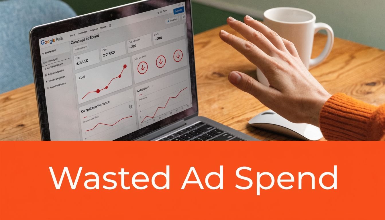 A person looking at a Google Ads dashboard on a laptop with the text Wasted Ad Spend below.
