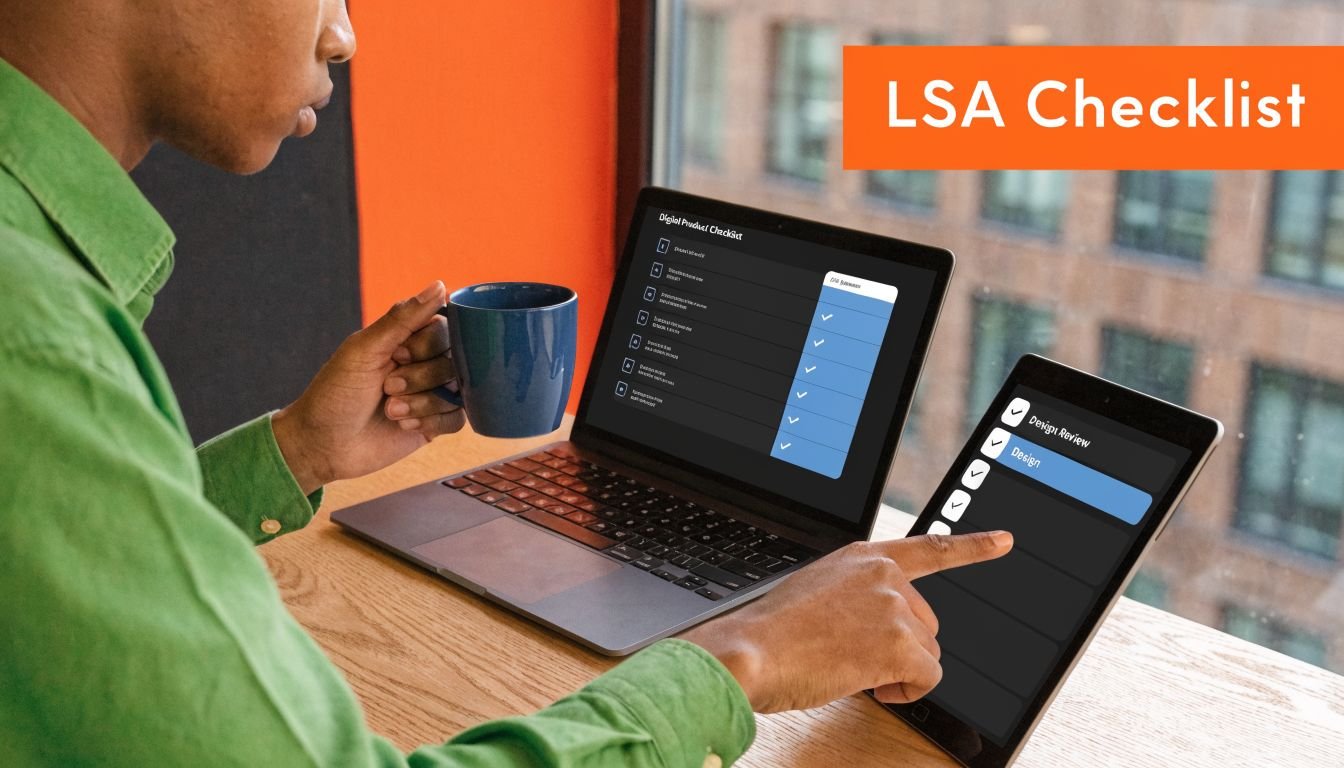 A person using a laptop and tablet to work on an LSA digital product checklist.