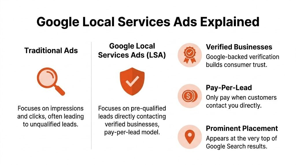 An infographic explaining the benefits of Google Local Services Ads compared to traditional advertising methods.