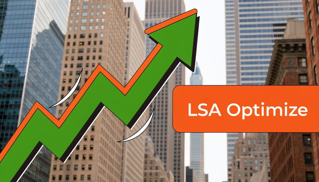 A green upward trending arrow graphic representing growth in front of a modern city skyline.