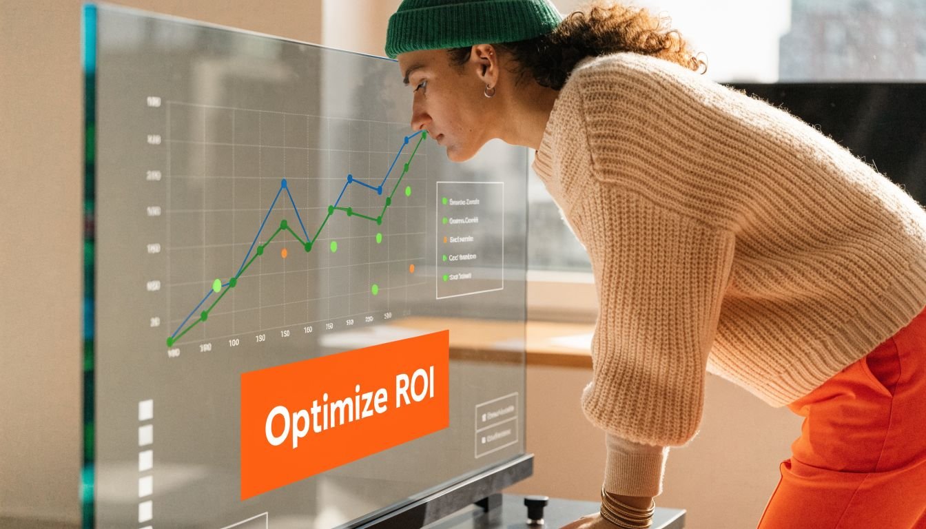 A person examining a glowing transparent display screen showing performance data and optimization charts for business growth.