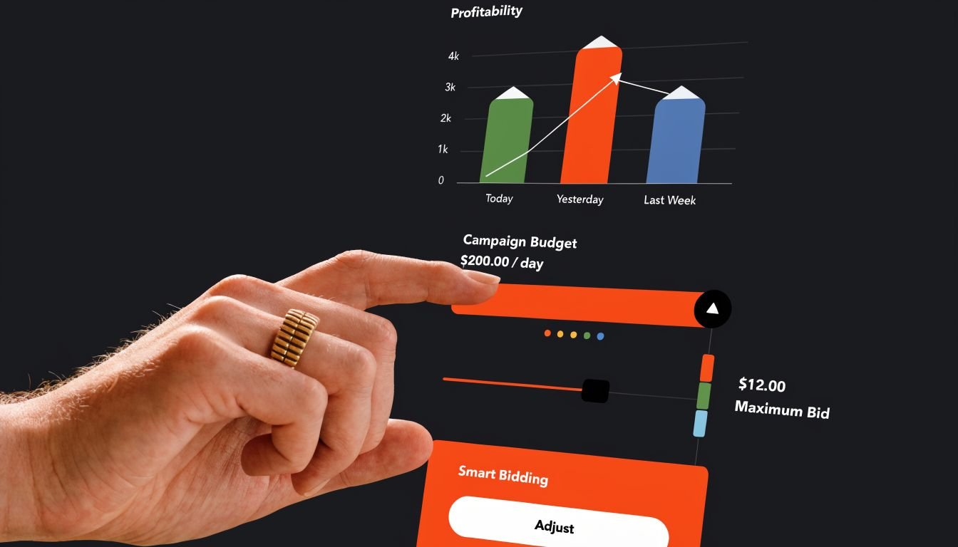 A hand interacting with a digital interface showing campaign budget and profit data for ad management.